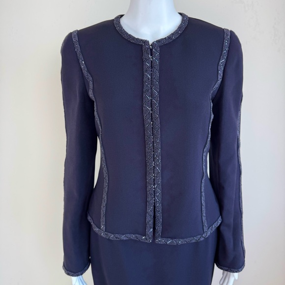 Louis Feraud 100% Silk Black Label Navy Blue Skirt Set Beaded Beads Embroidered - Picture 7 of 17